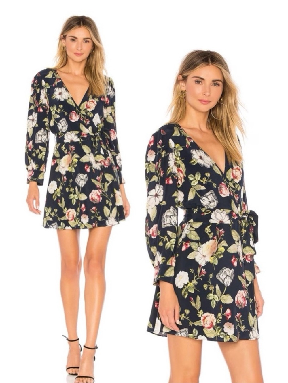 Alice + Olivia Hannah Wrap Mini Dress Hazy Floral Sapphire Navy 4 Long Sleeve
